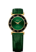 Swiss ladies watch with green leather strap and green dial with black and gold details int he front - all swiss made for women
