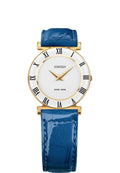 Blue leather watch for women - has a blue leather strap with white dial and gold details - all swiss made
