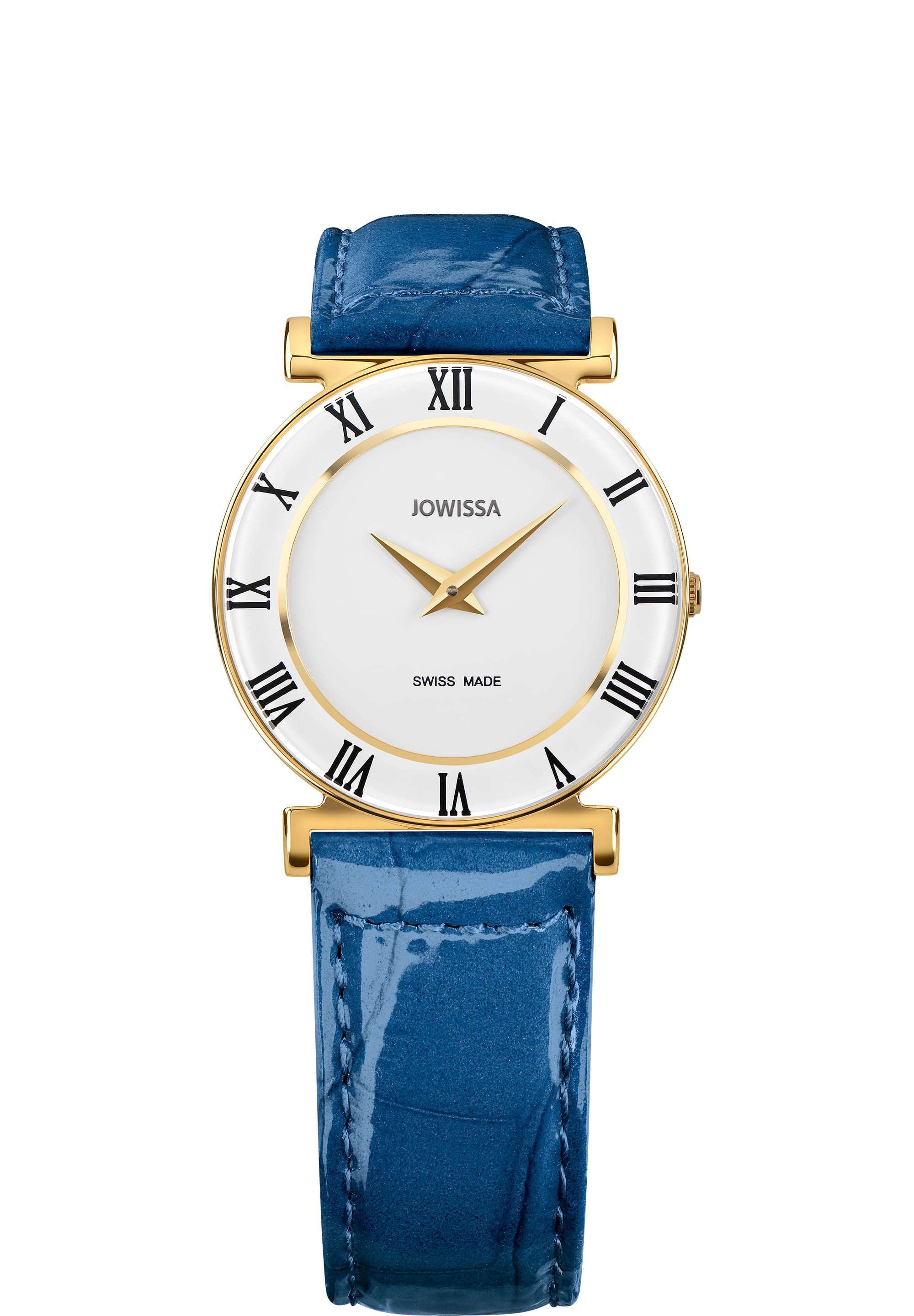 Blue leather watch for women - has a blue leather strap with white dial and gold details - all swiss made