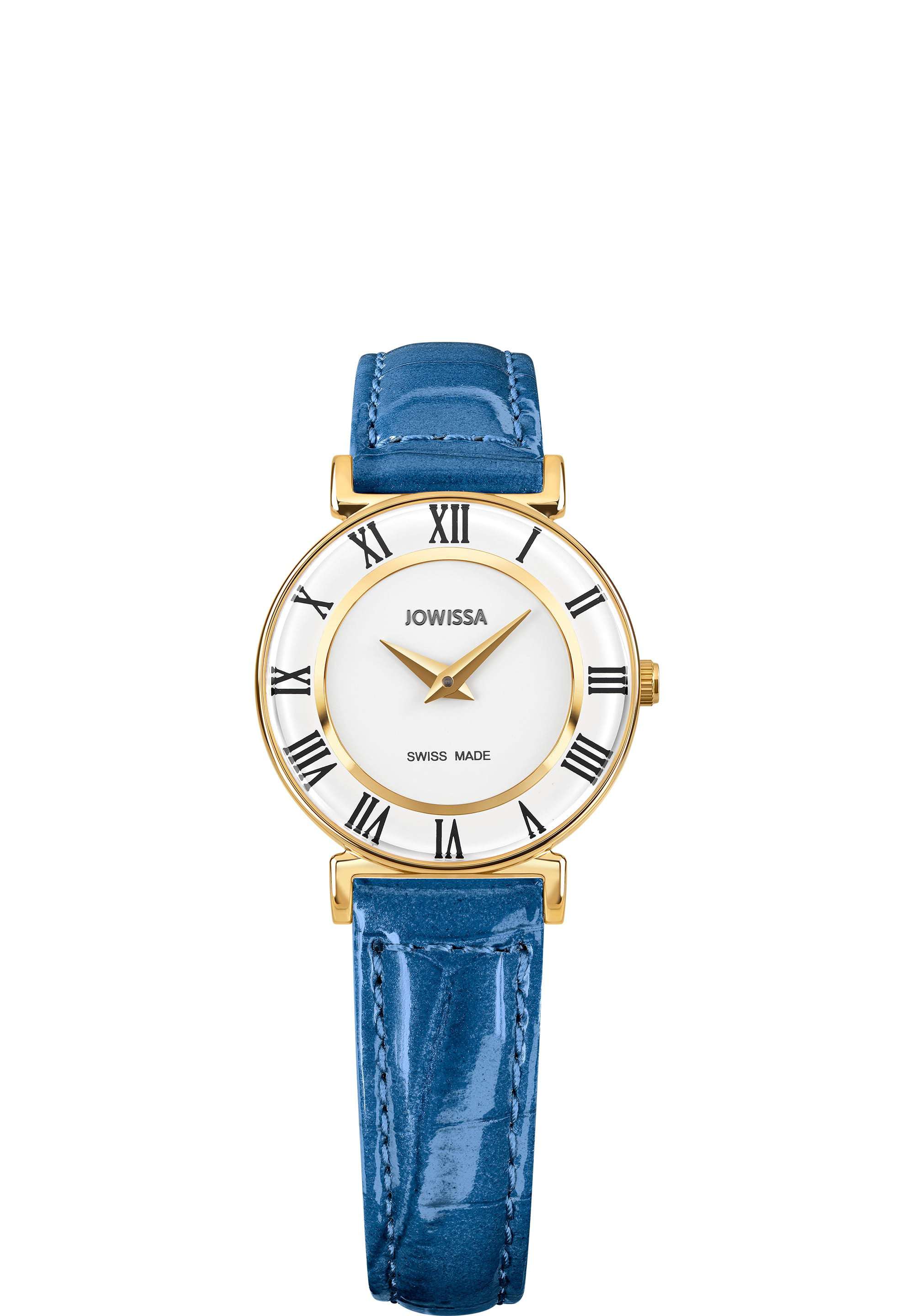 Swiss blue watch for ladies - with blue leather strap and white dial with gold details - all swiss made watch for women
