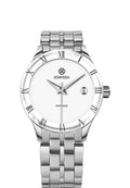 Swiss watch has a sleek 38 mm stainless steel case paired with a matching stainless steel bracelet. Powered by a Ronda 515 Swiss quartz movement, it provides accurate timekeeping, displaying hours, minutes, seconds, and a date window with a rectangular shape and rounded corners. The watch is made in Switzerland