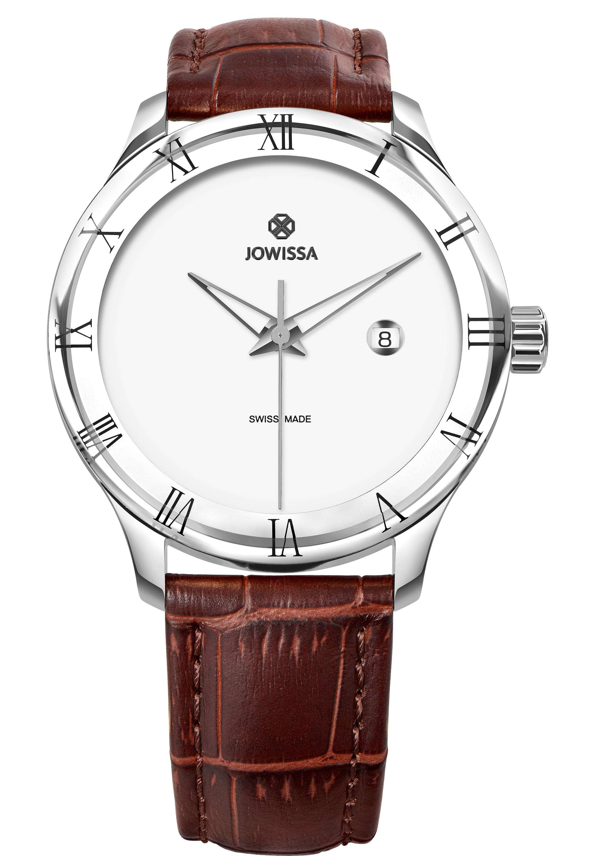 The Swiss J2.192.L watch with a 45mm stainless steel case with a polished finish and an enamel-look dial. It features a date window, and Dauphine-style hands. The watch is 5 ATM water-resistant and protected by tempered mineral glass. The genuine leather strap is alligator-embossed with a quick-release mechanism. Created in Switzerland.