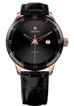 Black watch with gold details for men -has a Ronda 515 Swiss quartz movement that displays hours, minutes, and seconds, along with a rectangular calendar window. The watch is enhanced by filigree Roman numerals indices and Dauphine-style triangular hands for a sophisticated touch.