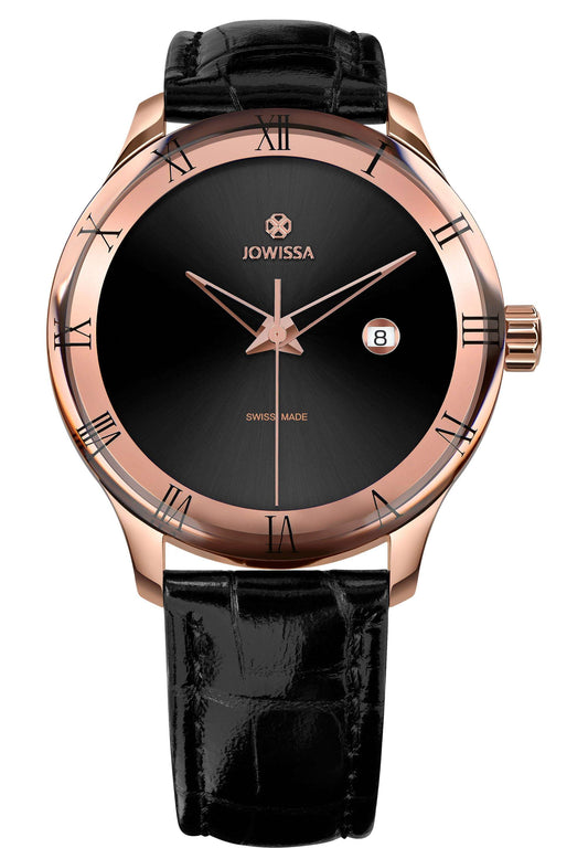 Swiss mens watch  - combines rose details with a black alligator-embossed genuine leather strap. The 45mm case has a shiny sunray dial featuring filigree Roman numeral indices and a rectangular calendar window. Powered by a Swiss Ronda 515 quartz movement.