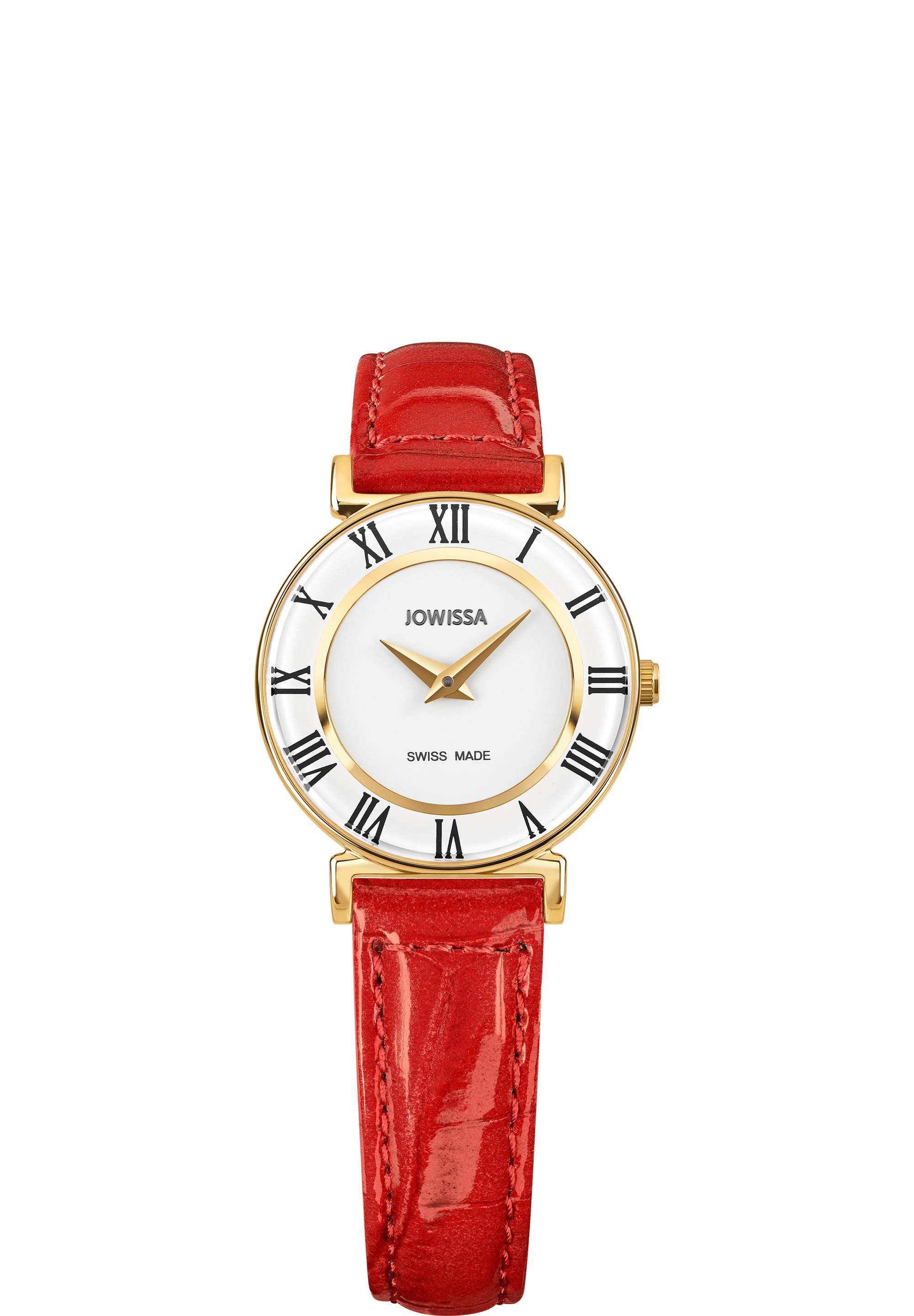 Red watch from swiss - swiss watch with red leather strap and white dial - has gold details in the front all swiss made