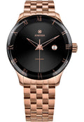 Gold watch with black details made for men - has a rose stainless steel case, it boasts a black sunray dial with Roman numeral indices, a rectangular calendar window, and triangular, hollow Dauphine-style hands. it offers 5 ATM water resistance and tempered mineral glass for durability.