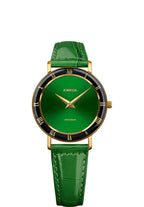 Green watch for ladies - all swiss made - with green leather strap and black details on the front