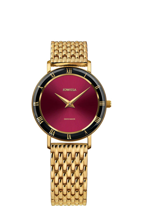 Reloj dorado con esfera roja y detalles negros - Reloj dorado fabricado en Suiza para mujer - Reloj para mujer fabricado en Suiza