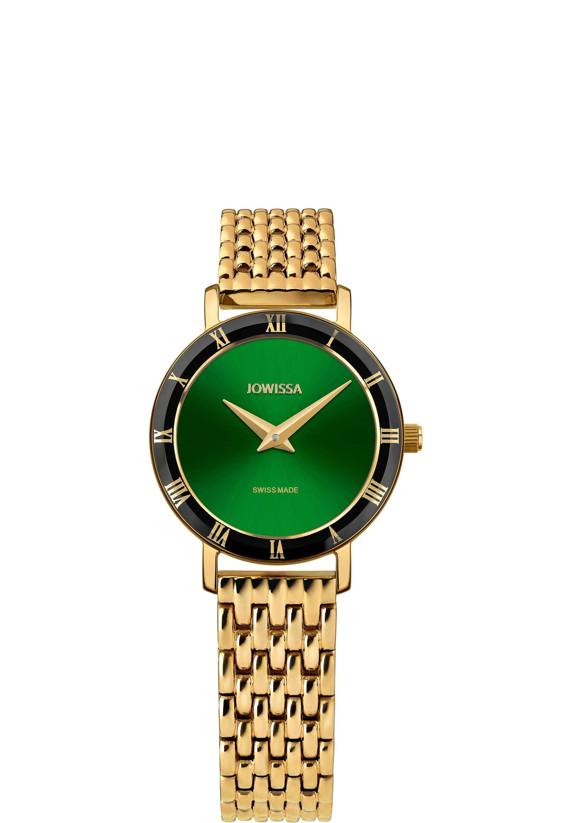 Gold swiss watch for women - gold watch with green dial and roman numbers - gold watch with green details - swiss made
