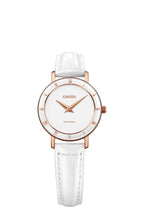 Ladies white swiss watch for all seasons. Swiss made, it has a minimalist white dial with rose-gold hour hands and Roman numerals on the polished bezel. The 26mm case is elegantly attached to a glossy white real leather strap that feels super-comfortable on your wrist