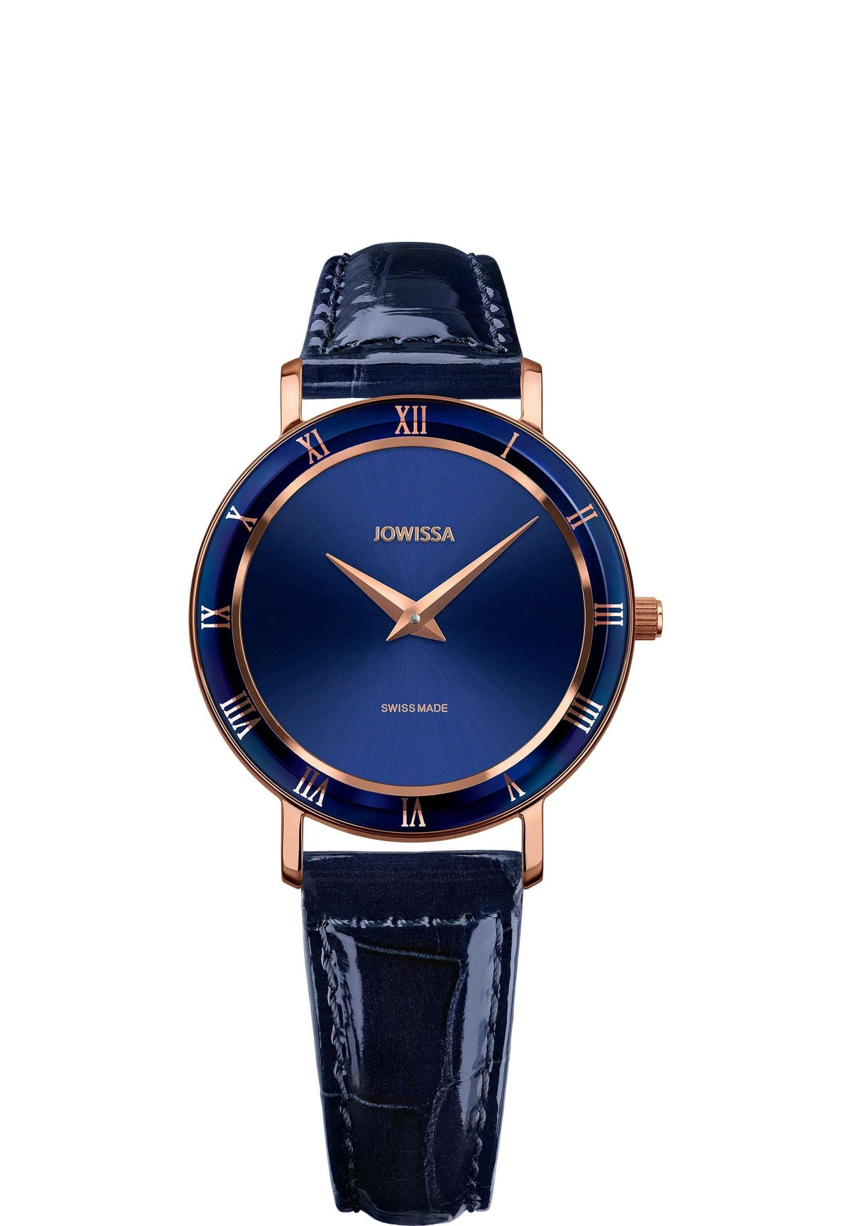 El reloj azul oscuro, fabricado en Suiza, complementa la impresionante esfera, mientras que la brillante correa de piel de caimán con relieve proporciona un acabado lujoso que realza la elegancia general del reloj. Con su combinación de diseño moderno y artesanía clásica, este reloj es un accesorio imprescindible para cualquier mujer que busque un estilo superior.