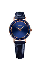 Darker blue watch made in switzerland complements the stunning dial, while the shiny alligator-embossed leather strap provides a luxurious finish that enhances the watch's overall elegance. With its blend of modern design and classic craftsmanship, this watch is a must-have accessory for any woman looking to elevate her style.