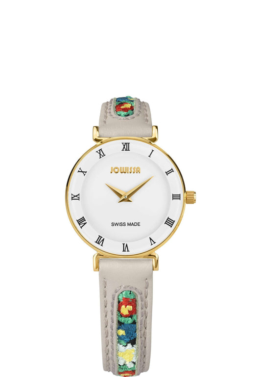 J2.335.S swiss watch with grey leather strap and flower details - with white dial and gold details in the front - all swiss made