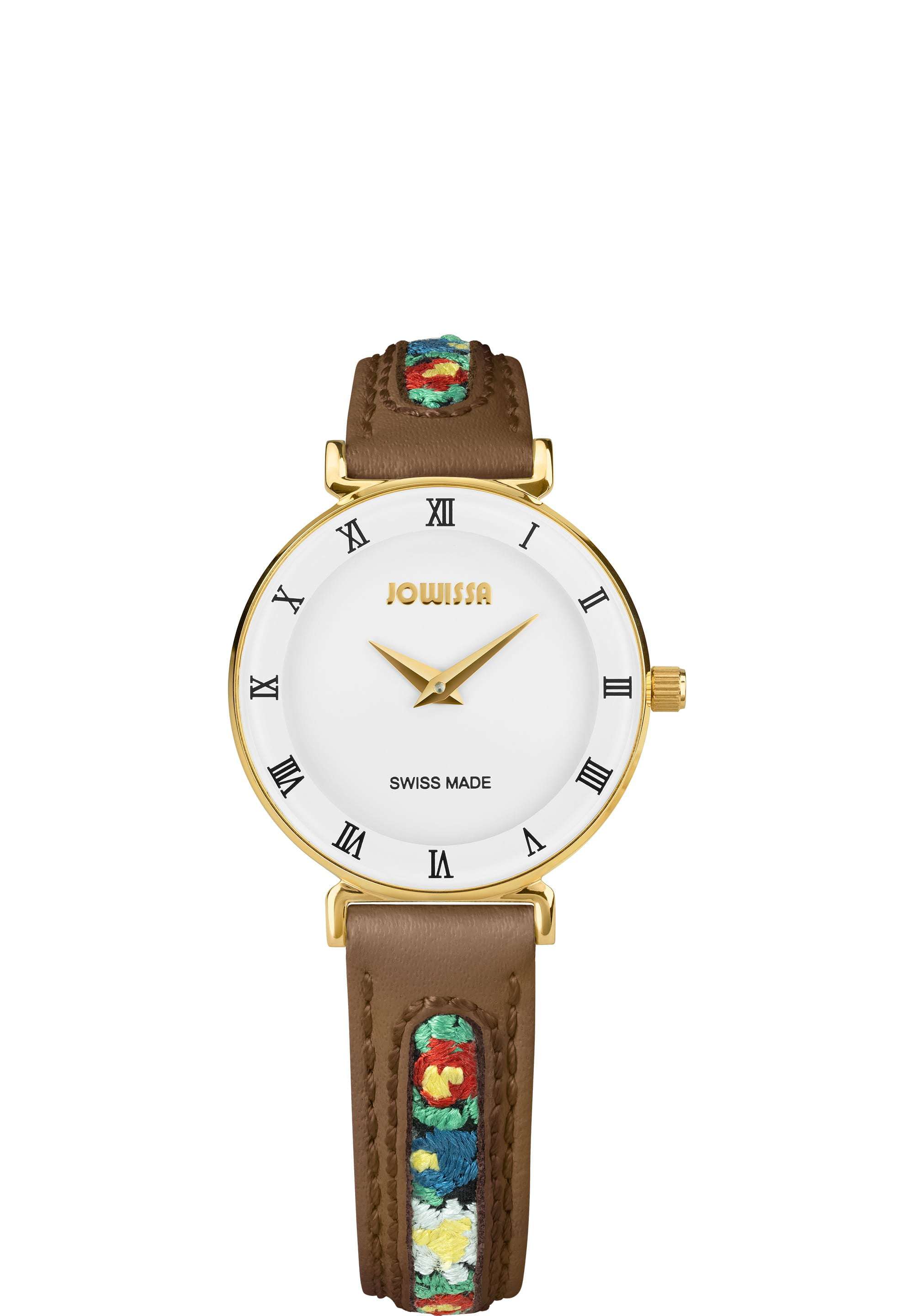 J2.336.S swiss ladies watch with brown leather strap and flower details - with white dial and gold details