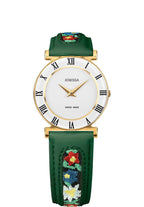 J2.337.M swiss ladies watch with green leather strap and flower details - all swiss made watch for ladies