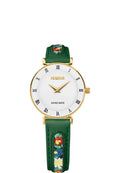 J2.337.S swiss womens watch with green leather strap with flower details and white dial with gold details - all swiss made watch