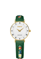 J2.337.S swiss womens watch with green leather strap with flower details and white dial with gold details - all swiss made watch