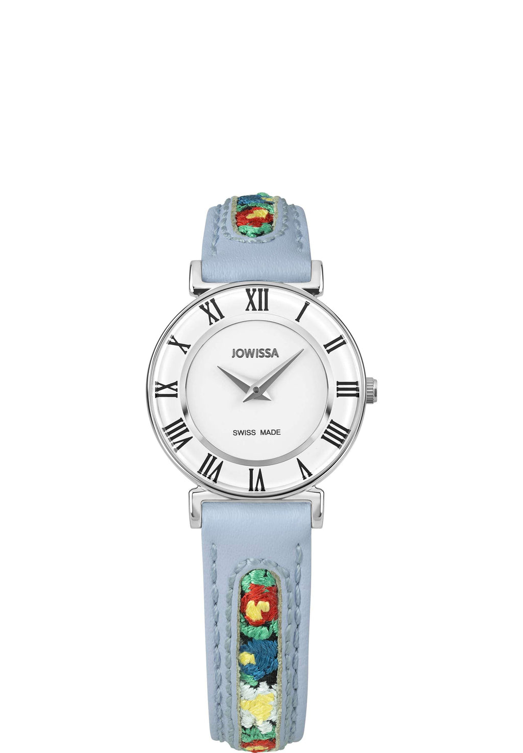 J2.339.S swiss womens watch with light blue strap and flower details - it has a white dial all swiss made watch for ladies