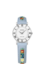 J2.339.S swiss womens watch with light blue strap and flower details - it has a white dial all swiss made watch for ladies
