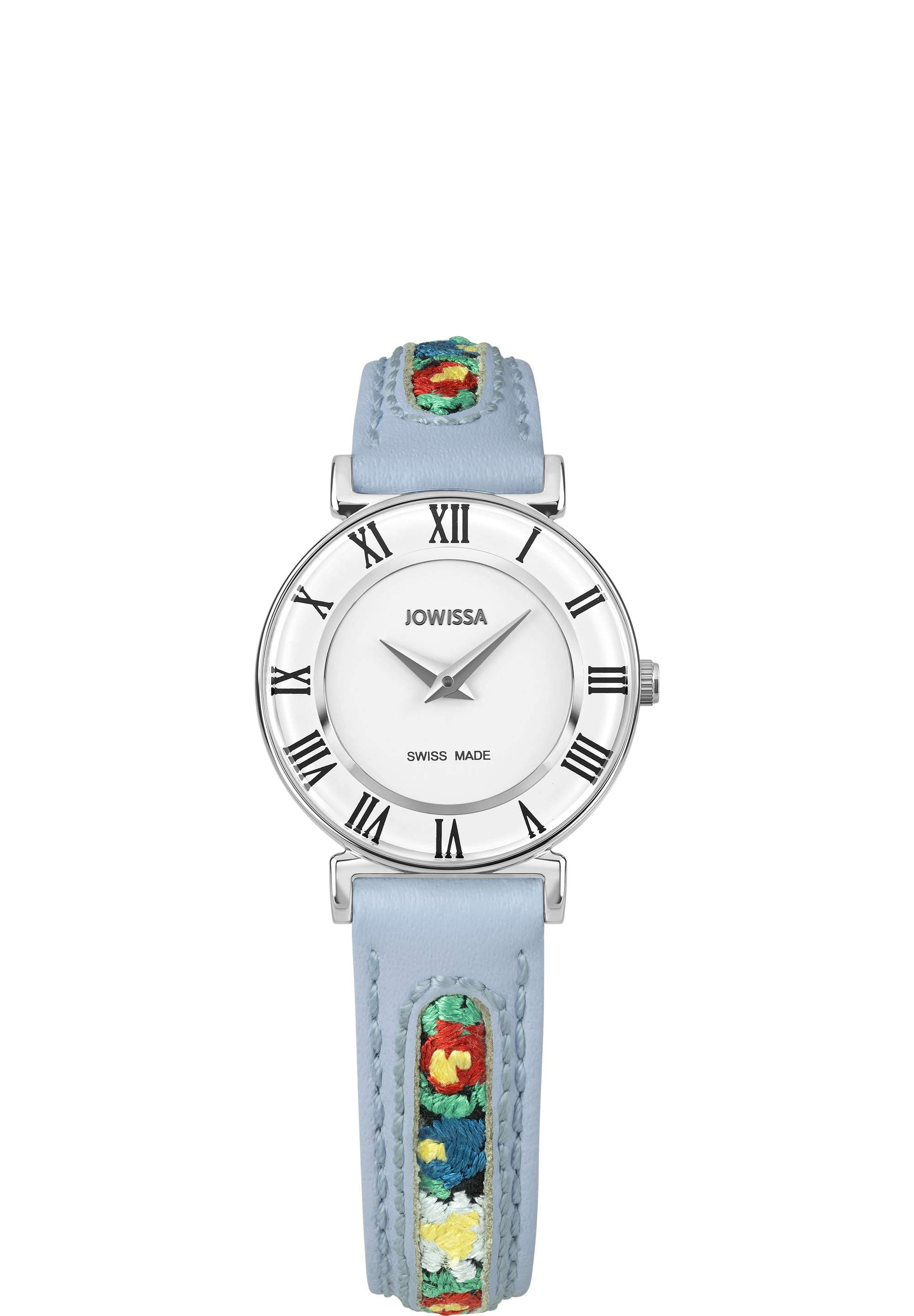 J2.339.S swiss womens watch with light blue strap and flower details - it has a white dial all swiss made watch for ladies
