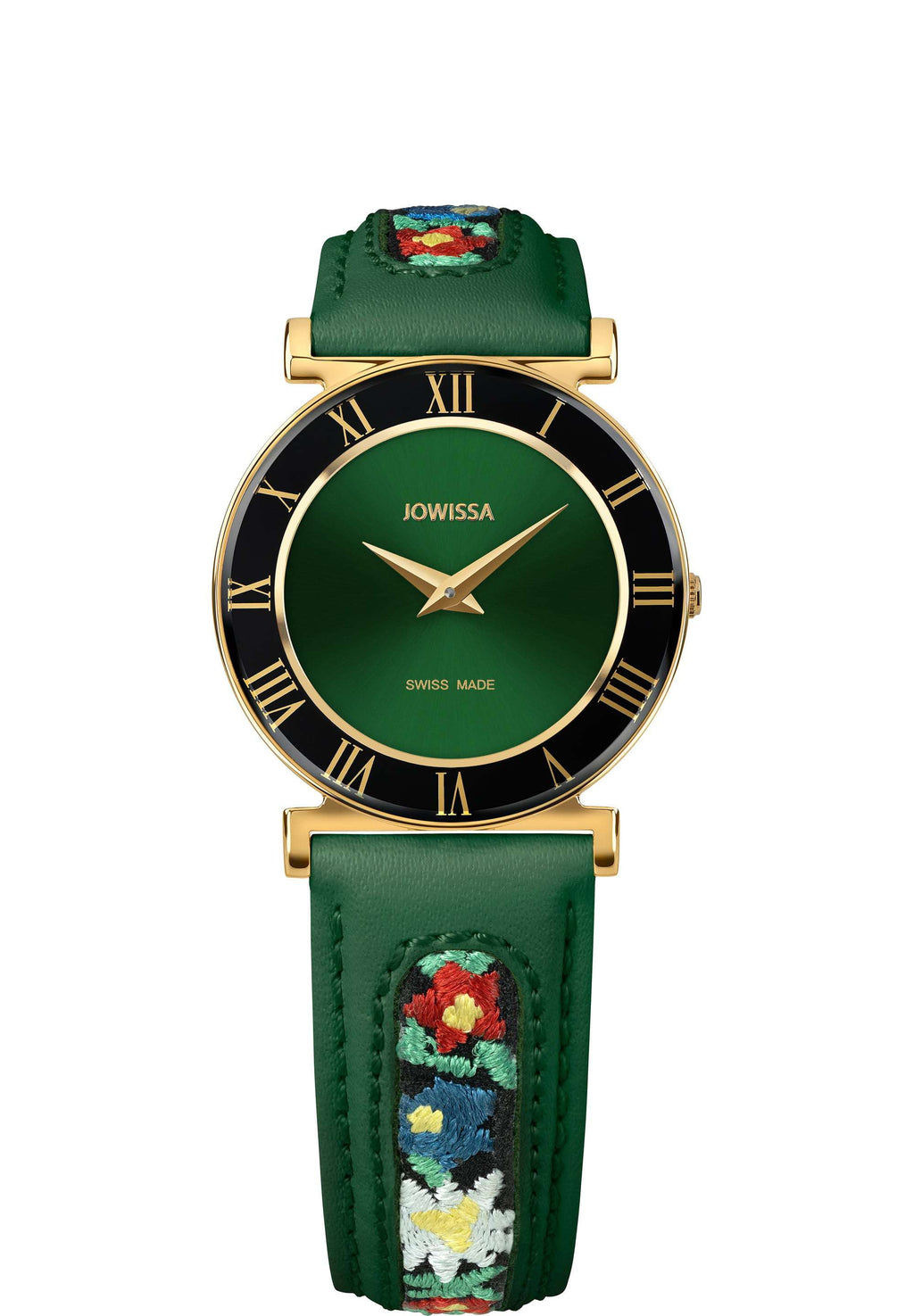 J2.341.M swiss ladies watch with green leather strap and flower details - it has green dial with gold and black details - all swiss made