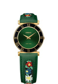 J2.341.M swiss ladies watch with green leather strap and flower details - it has green dial with gold and black details - all swiss made