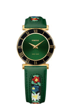 J2.341.M swiss ladies watch with green leather strap and flower details - it has green dial with gold and black details - all swiss made