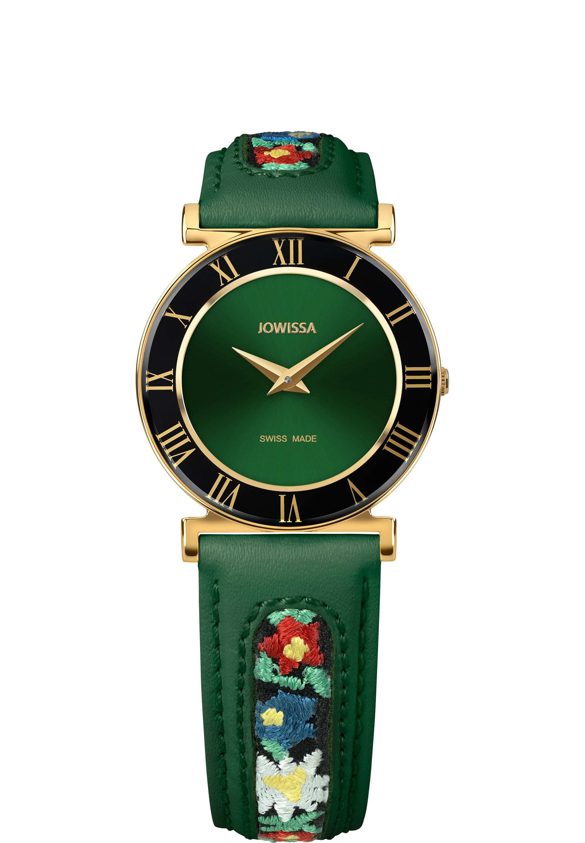 J2.341.M swiss ladies watch with green leather strap and flower details - it has green dial with gold and black details - all swiss made