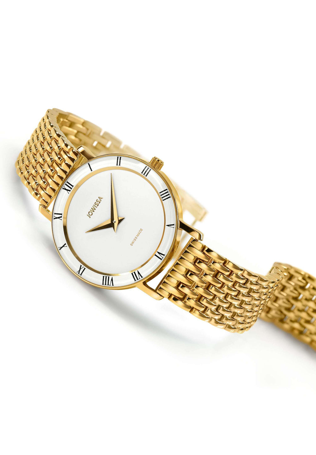 Water resistant gold watch for ladies - with gold strap and white front - the watch is hand assembled in switzerland
