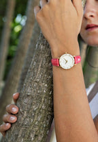 Pink Swiss watch for women - all swiss made  with pink leather strap and gold and white details in the front - watch for ladies swiss