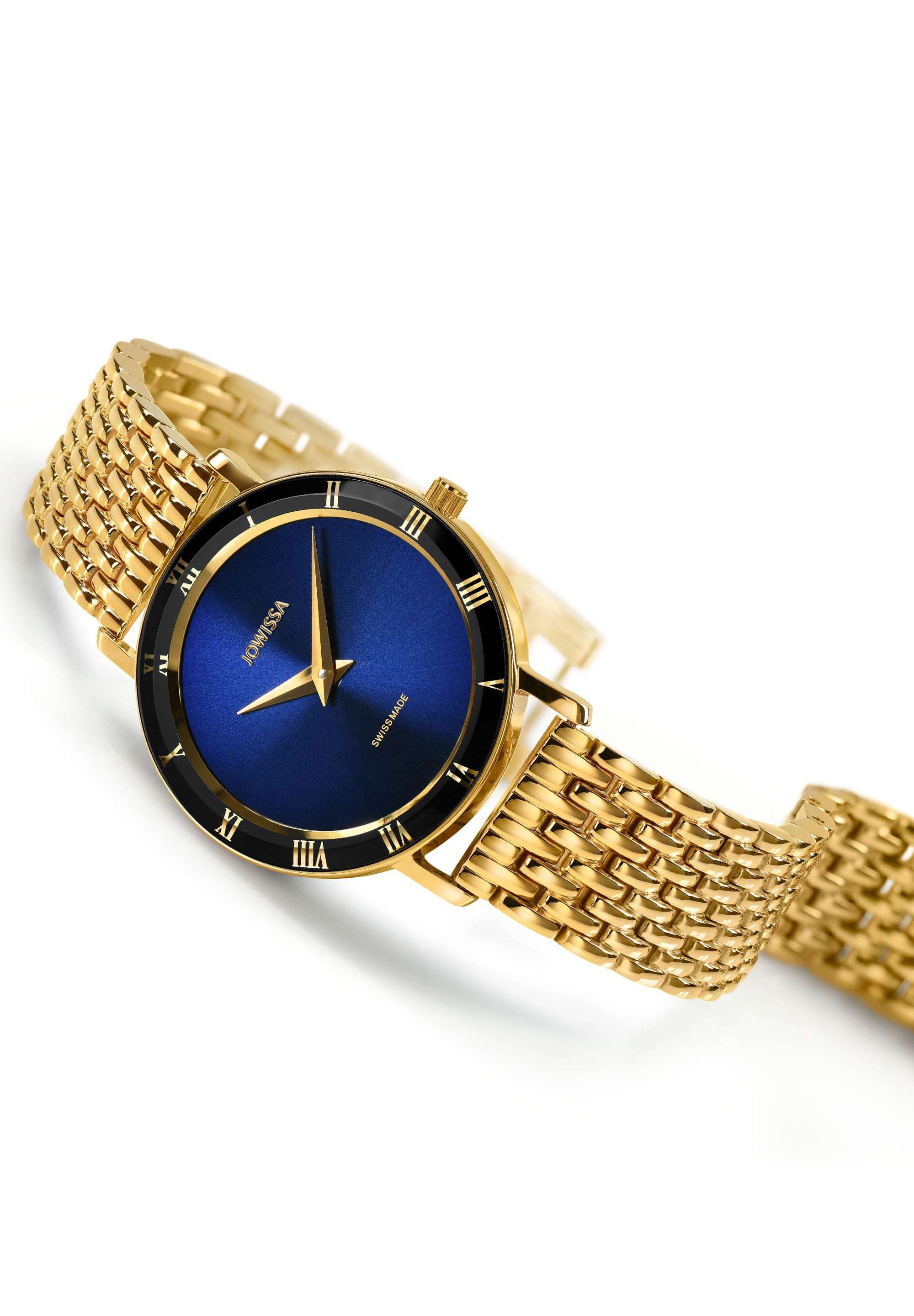 gold watch for women - made in swiss - watch with gold blue and black details - gold made in swiss for ladie