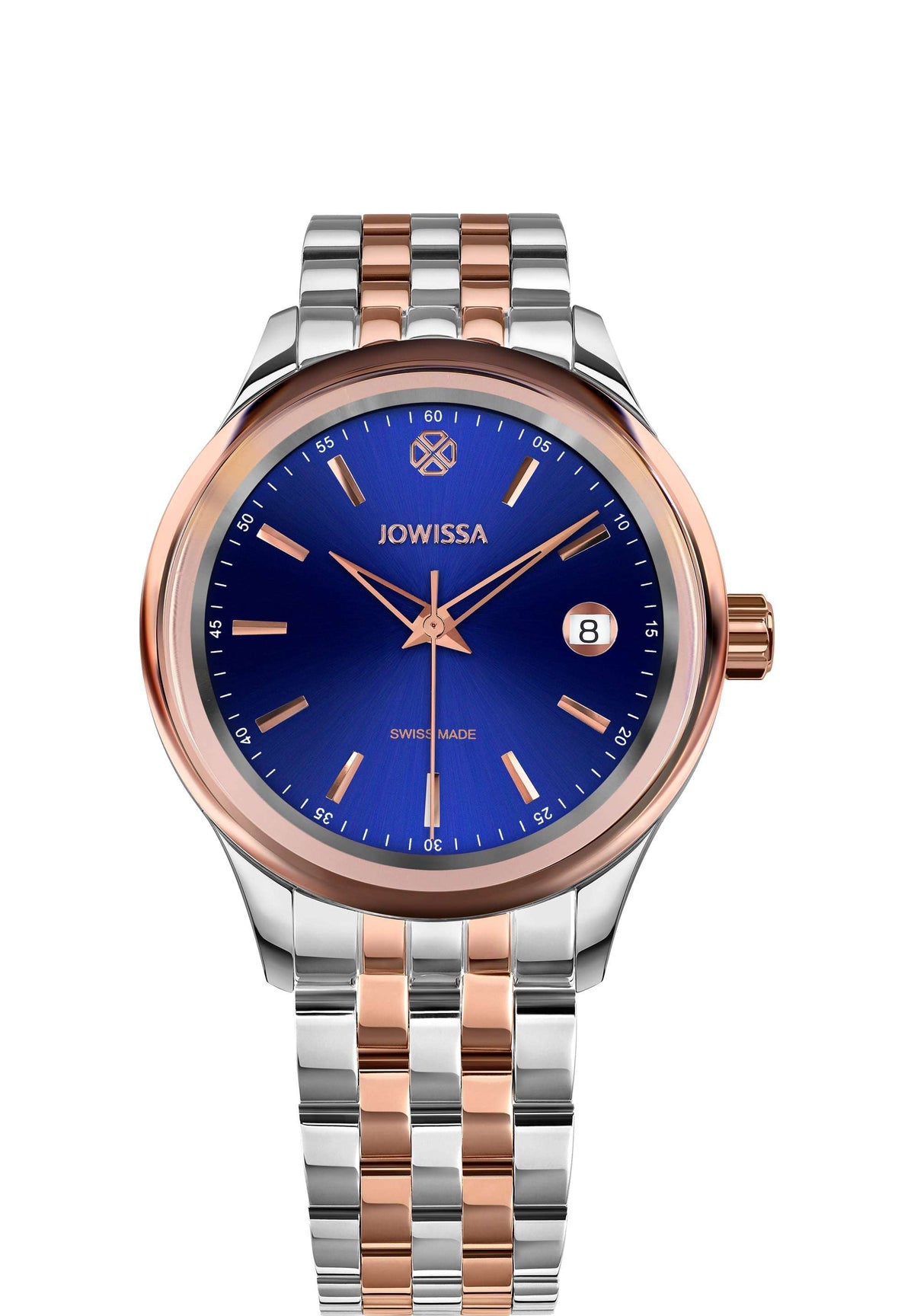 Reloj suizo J4.231.M diseñado tanto para hombres como para mujeres. Tiene una caja de acero inoxidable. Luce una esfera azul vibrante con efecto rayos de sol y marcadores dorados pulidos. Incluye calendario. Viene con un brazalete de acero inoxidable de dos tonos.