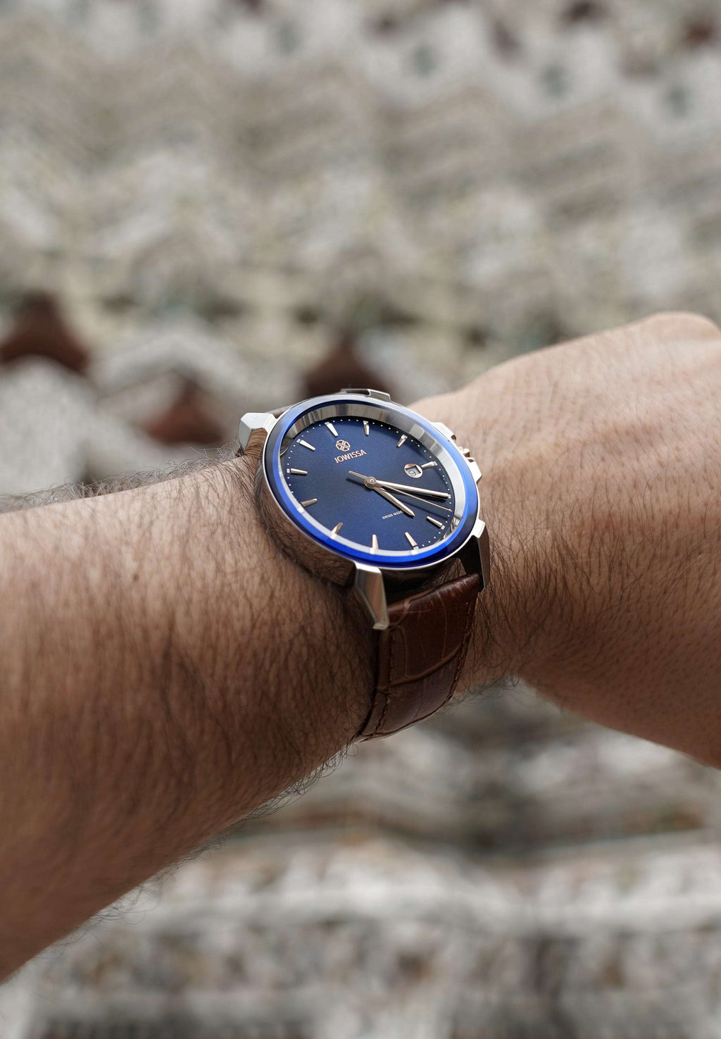 Brown swiss watch for men with brown leather strap and blue dial - all swiss made watch