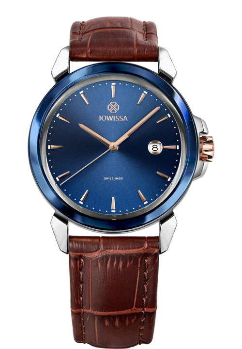 Reloj suizo para hombre con correa de piel marrón y esfera azul - tiene detalles dorados y plateados en la parte delantera - totalmente fabricado en Suiza