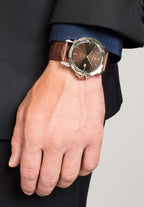 Brown watch for men - with brown leather strap and brown dial with gold details in the front - all swiss made 