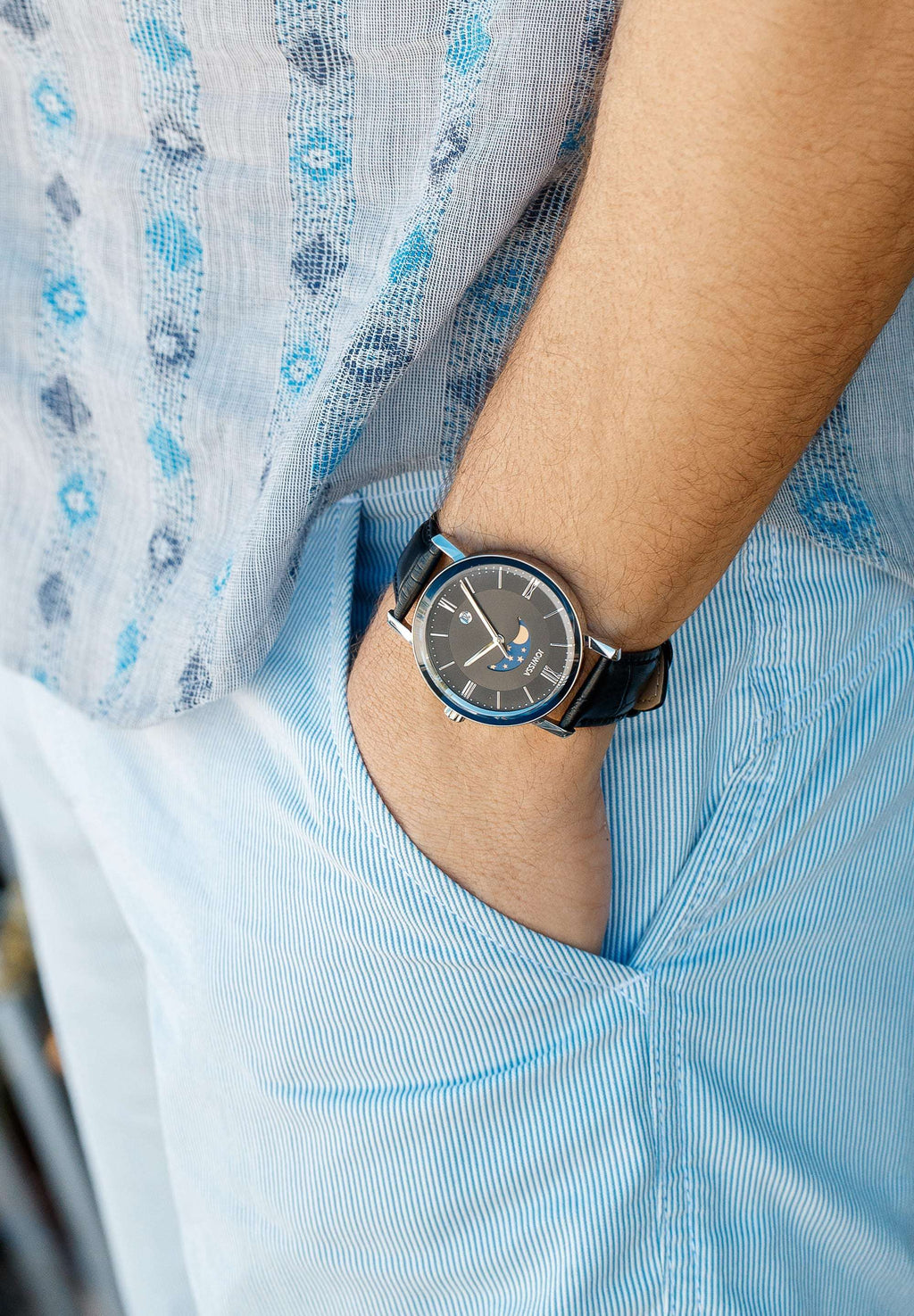 Moon phase display, waterproof and date display. The magno swiss made Jowissa watch with cool features. Black dial and leather strip