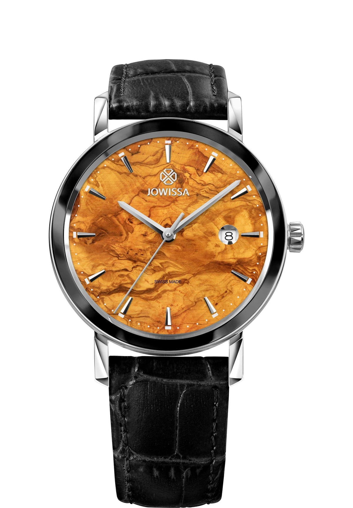 Black swiss watch for men - watch with black leather strap and brown dial - all swiss made