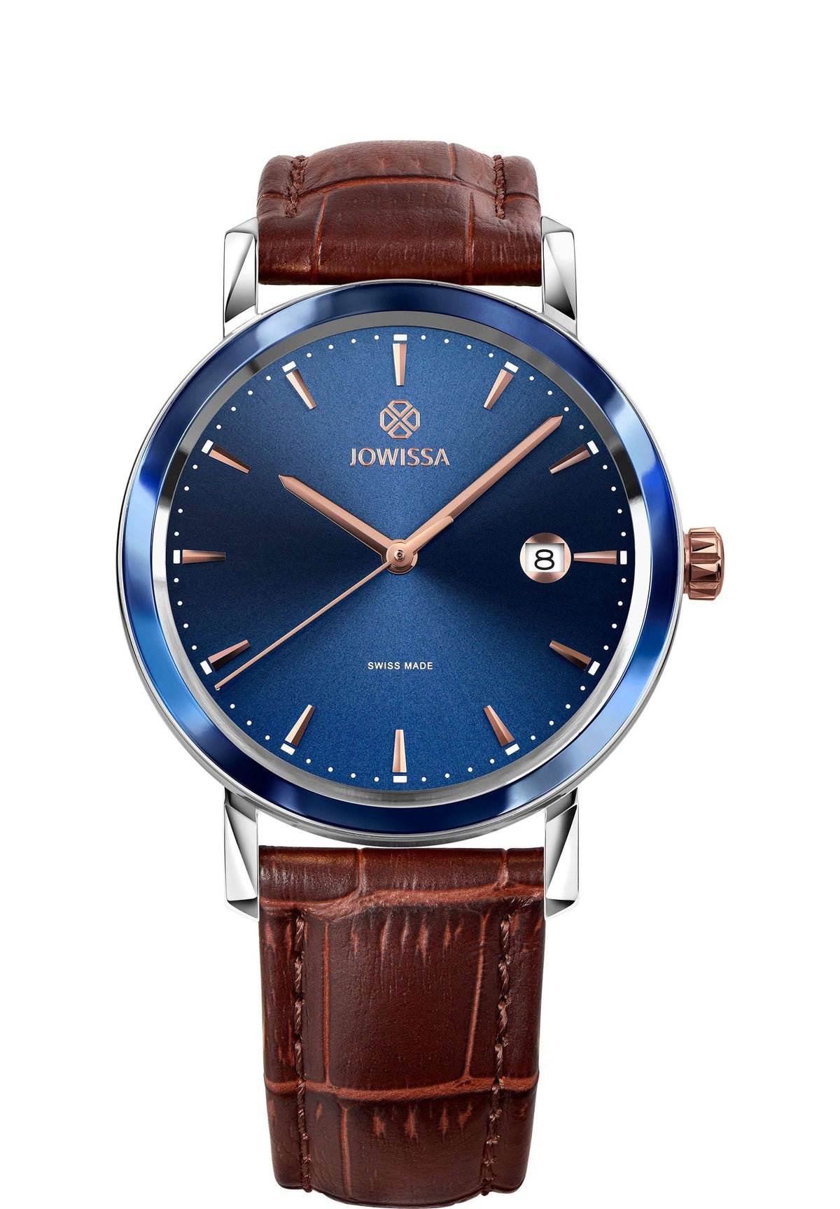 Reloj suizo marrón para hombre - Reloj con correa de piel marrón y esfera azul - Fabricado íntegramente en Suiza