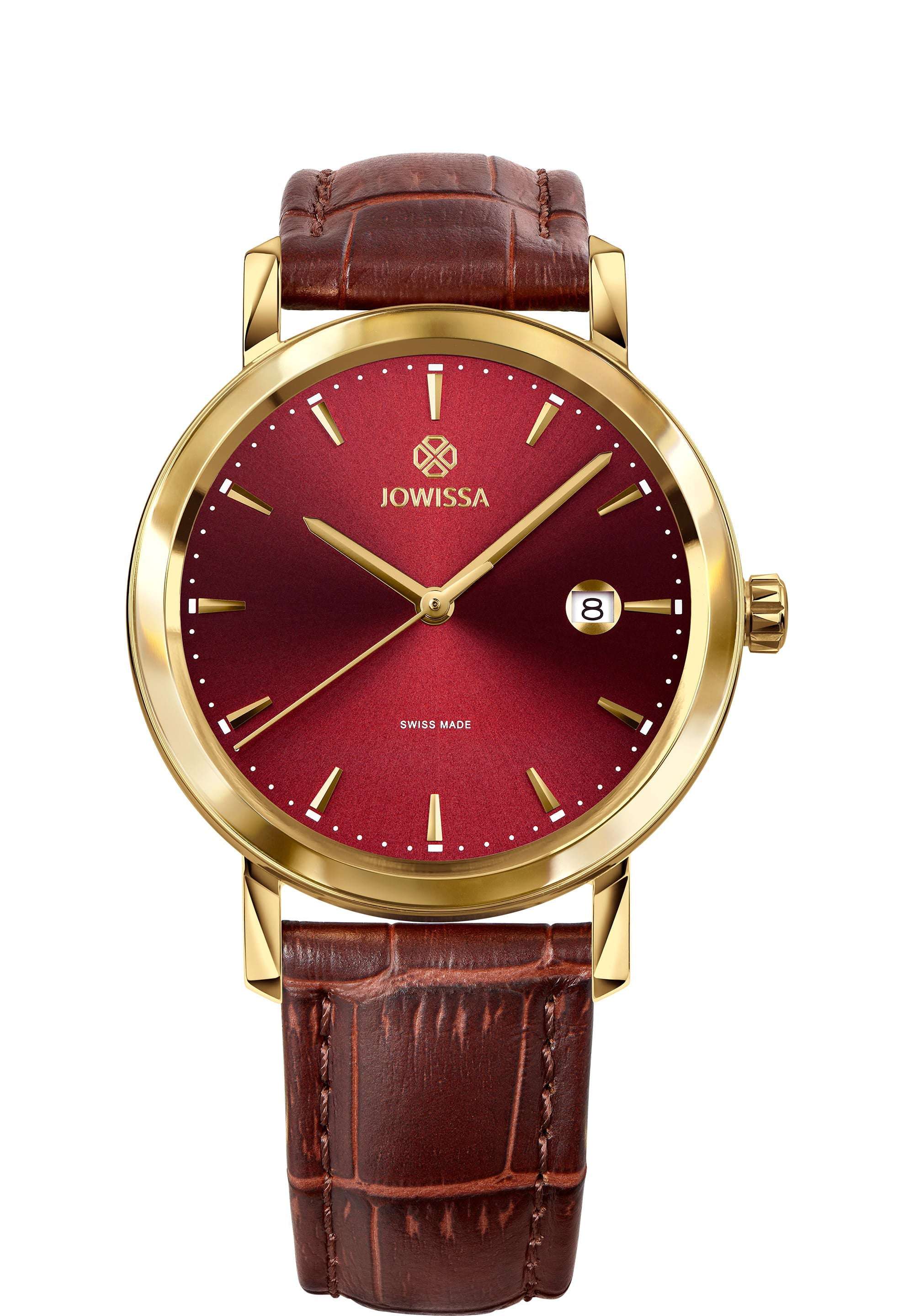 Red swiss watch for men - with red leather strap and red dial with gold details in the front - all swiss made