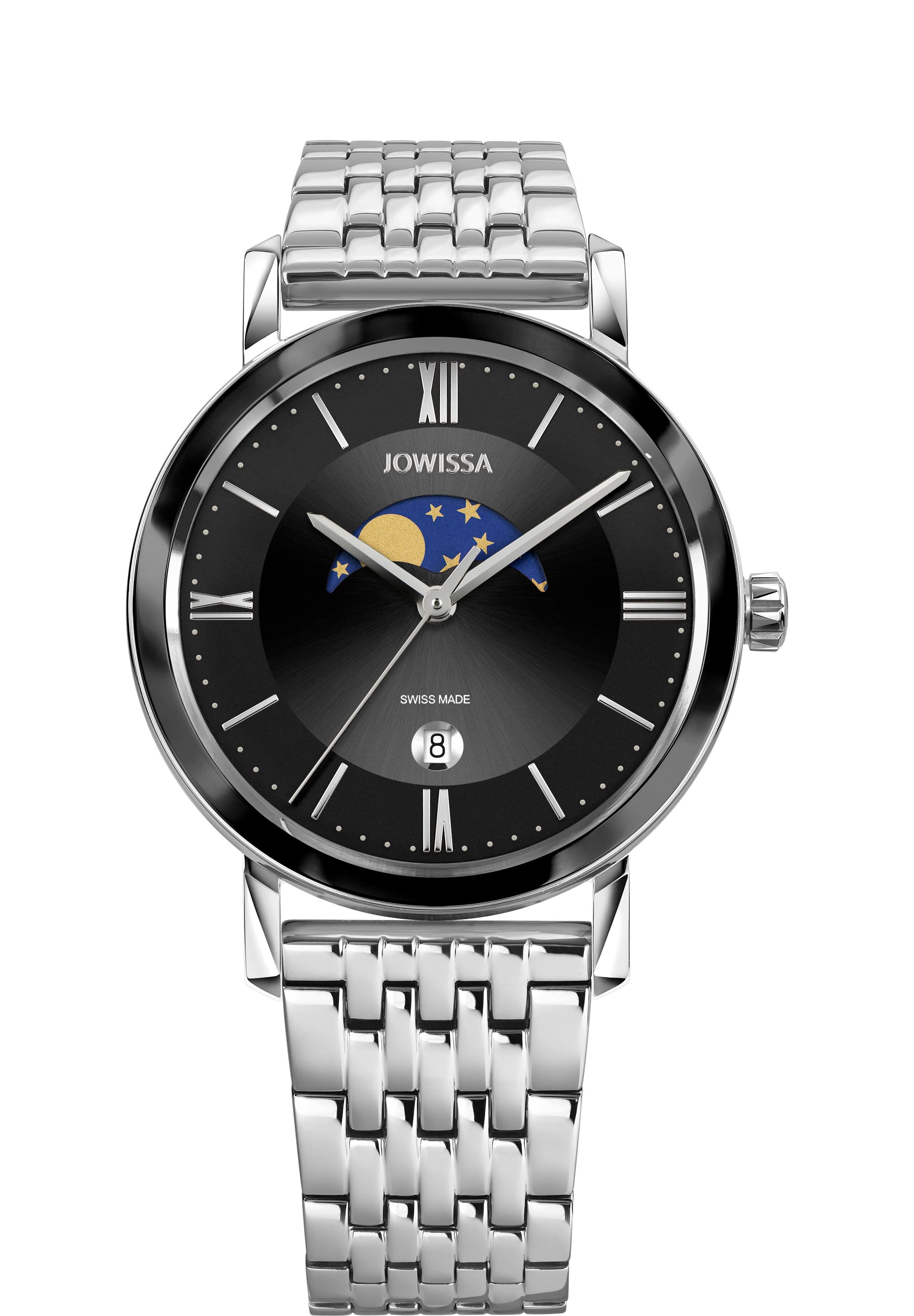 J4.580.L swiss black watch for men - with silver strap and black dial - all swiss made