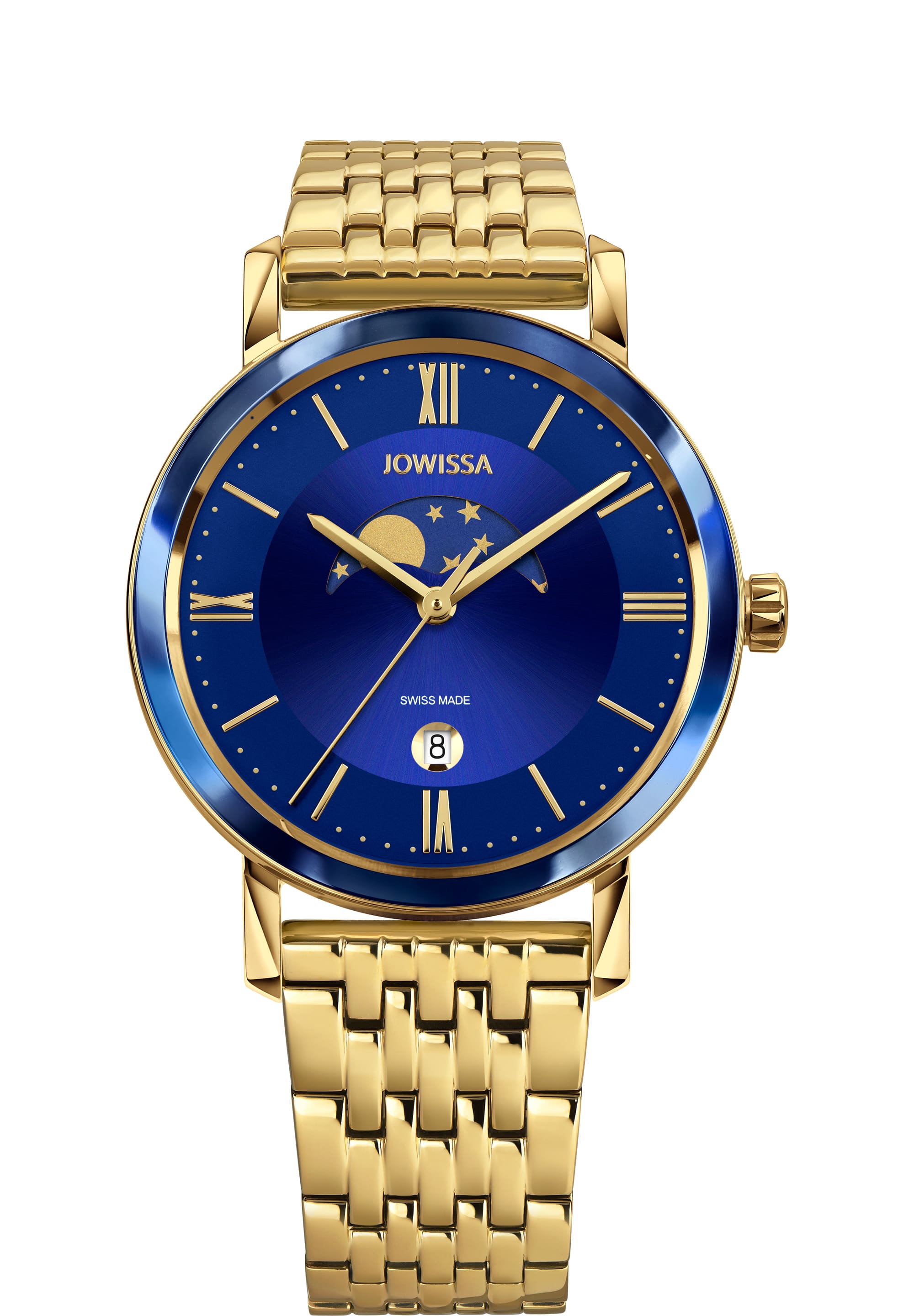 J4.583.L gold swiss watch for men with gold strap and blue watch - the watch has little details in the front - all swiss made