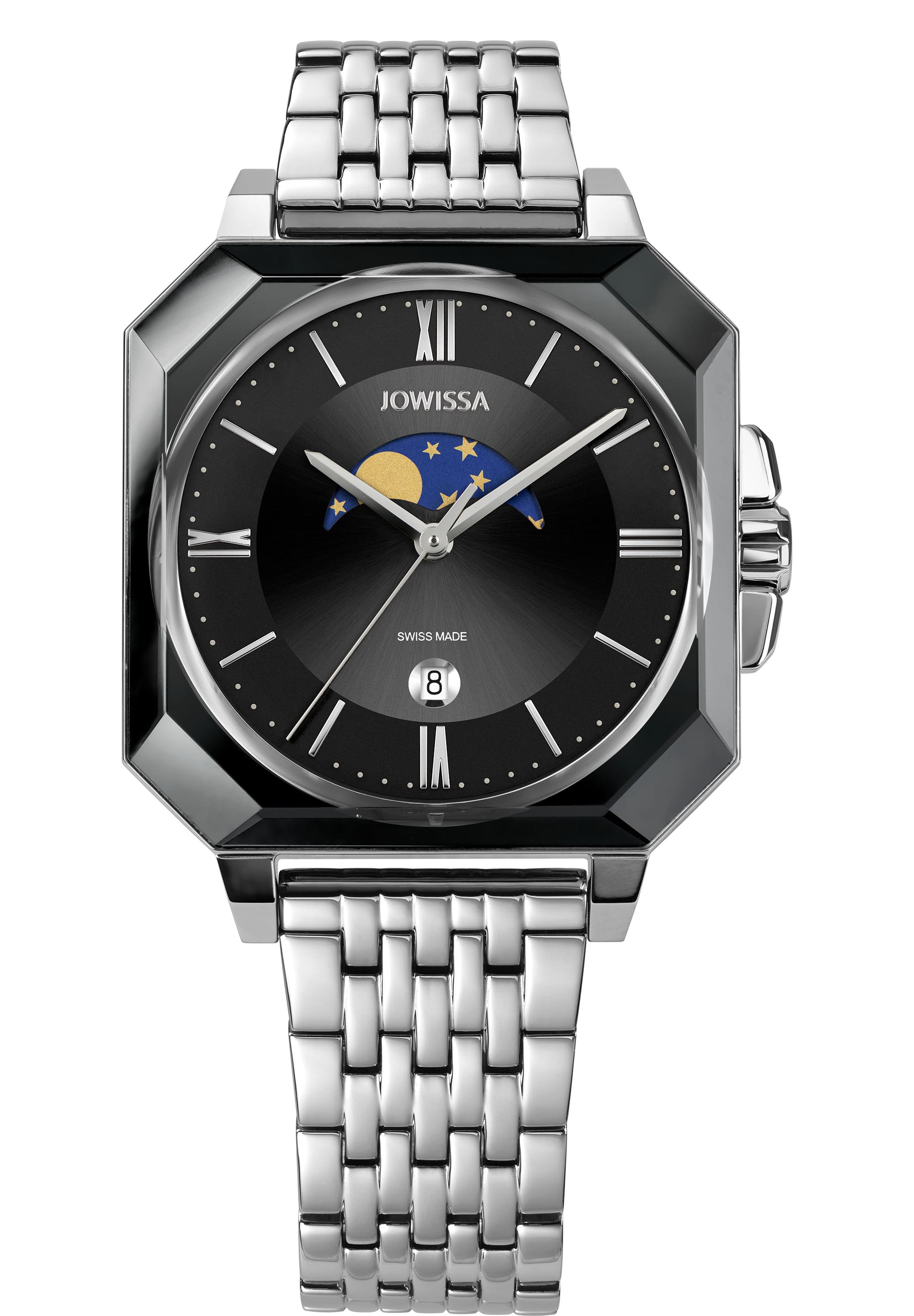 J4.584.L swiss black watch for men with silver strap and black dial with blue details in the front - all swiss made watch. Moon Phase index