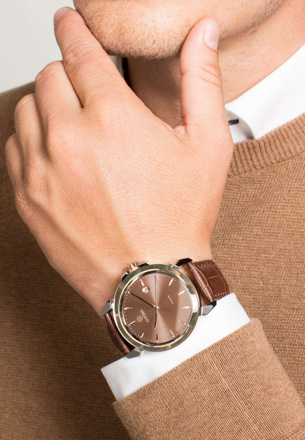 Brown watch for men with brown leather strap and brown dial with gold details in the front - all swiss made watch