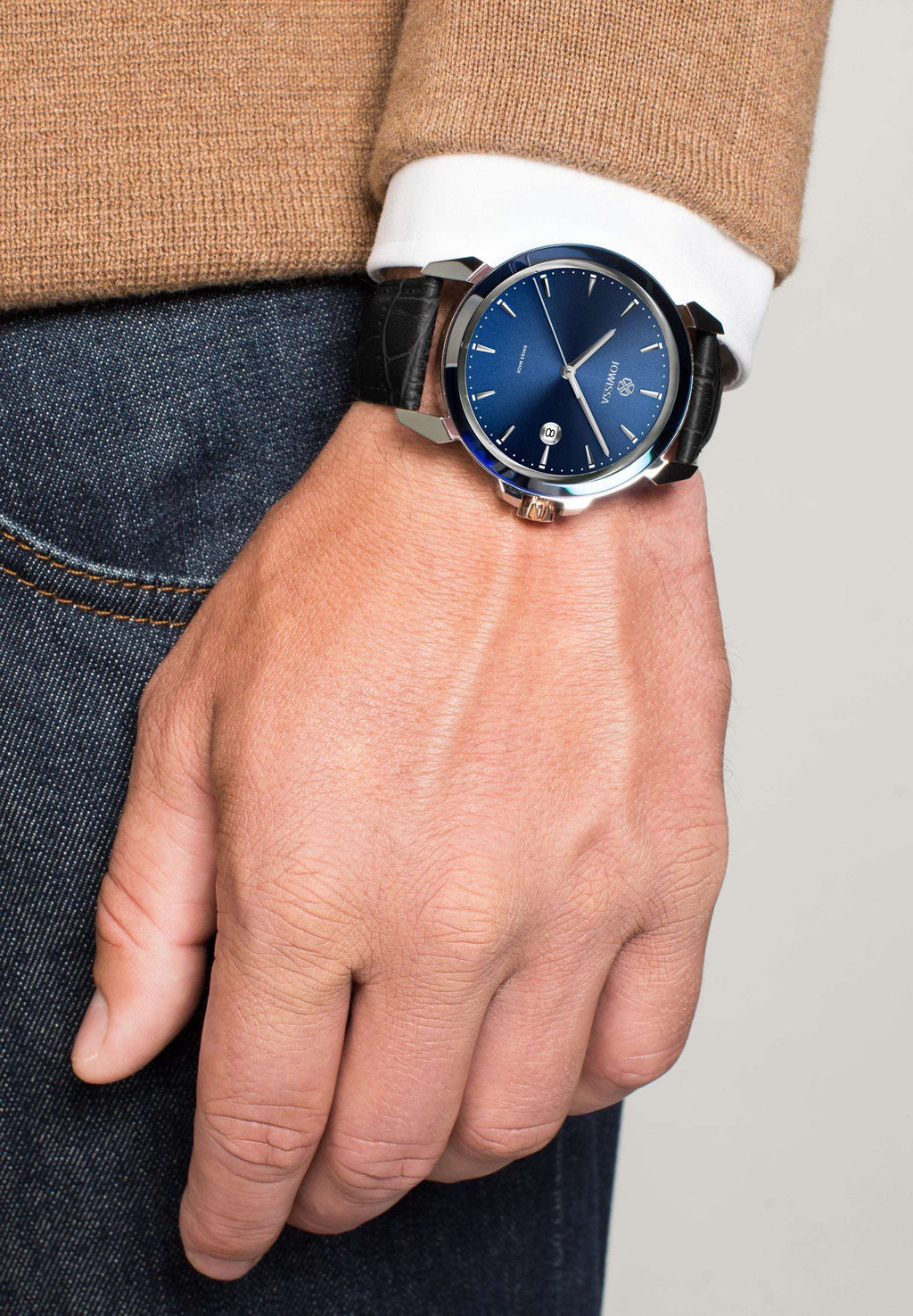 Lewy swiss watch for men - with black leather strap and blue dial - it is all swiss made