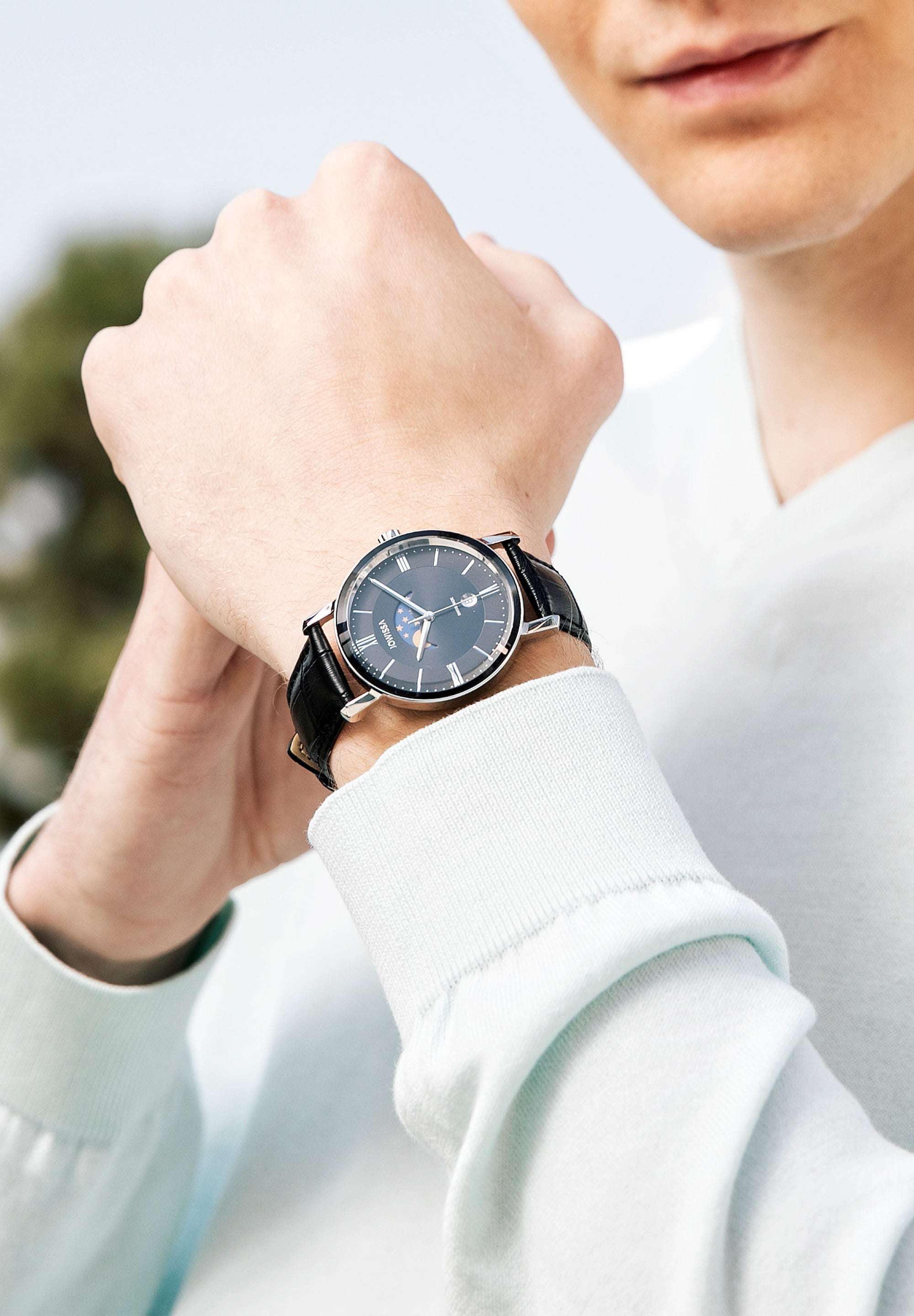 Moon phase display, waterproof and date display. The magno swiss made Jowissa watch with cool features. Black dial and leather strip