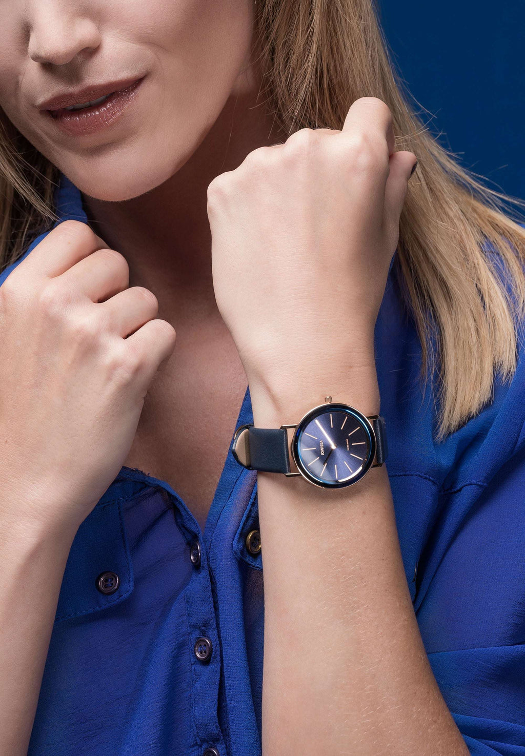 Alto Jowissa swiss made watch. With the dark blue dial and leather wrist band the perfect modern supplement for a blue dress
