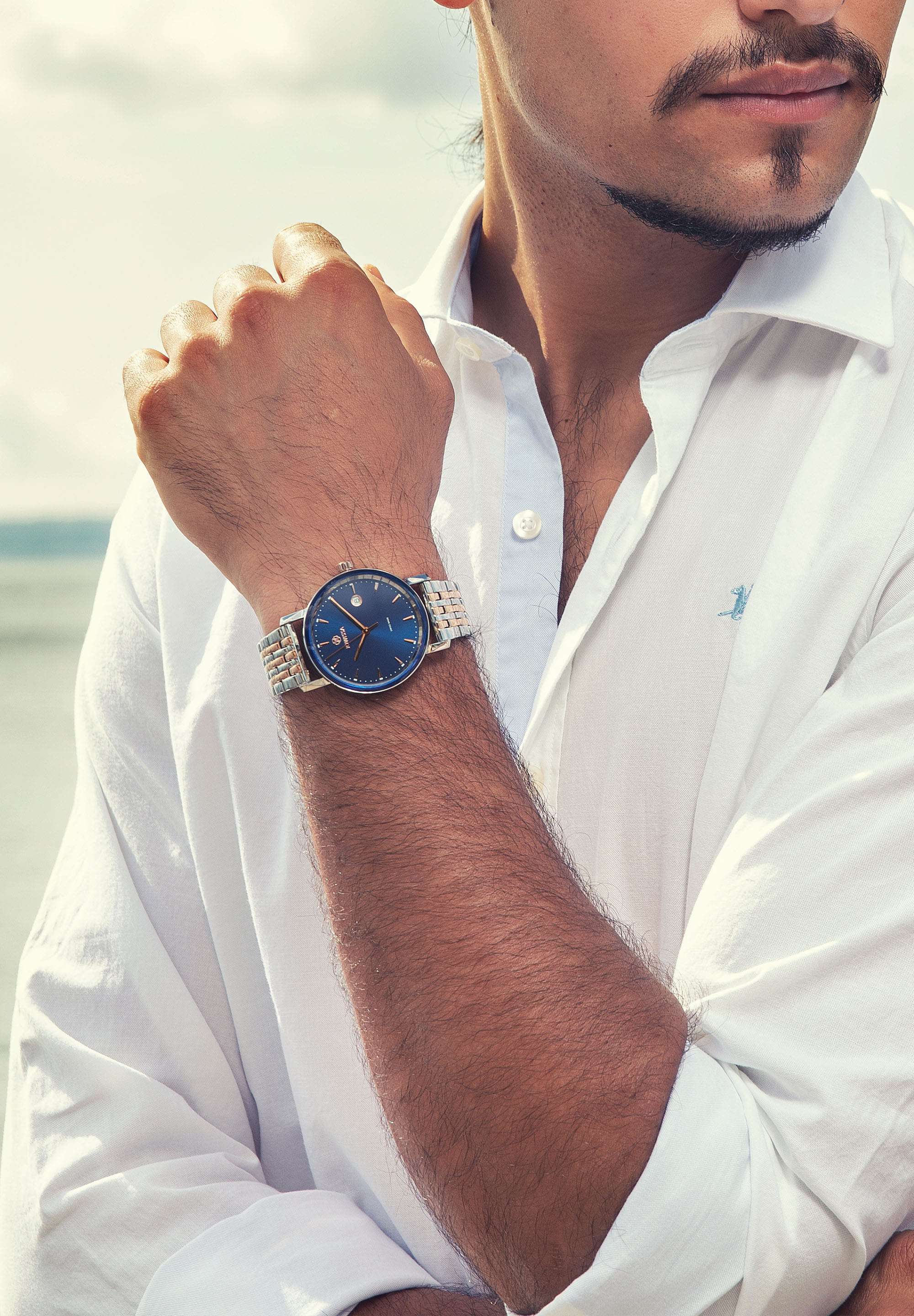 Swiss made watch for men - silver watch with blue dial and gold details 