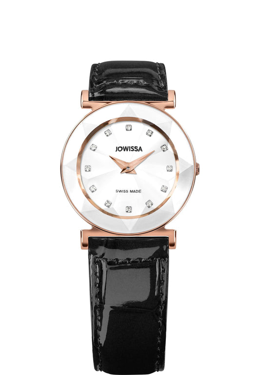 Ladies watch with black leather strap white dial and gold details in the front - all swiss made for women