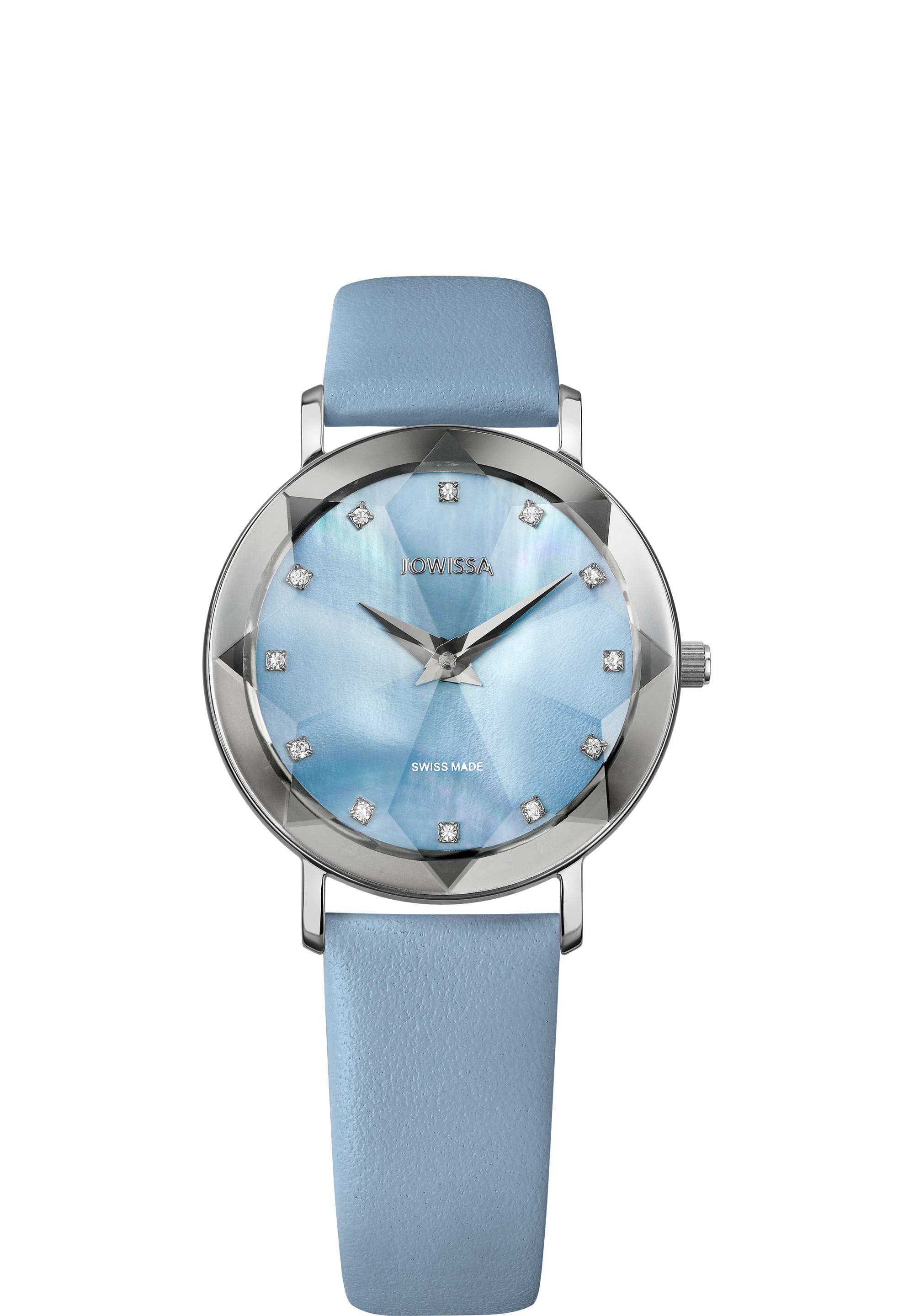 Blue swiss watch for women - with facet dial and silver details in the front - with blue leather strap and blue dial - all swiss made