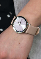 Beige swiss watch for ladies with beige leather strap and light pink facet dial  all swiss made watch